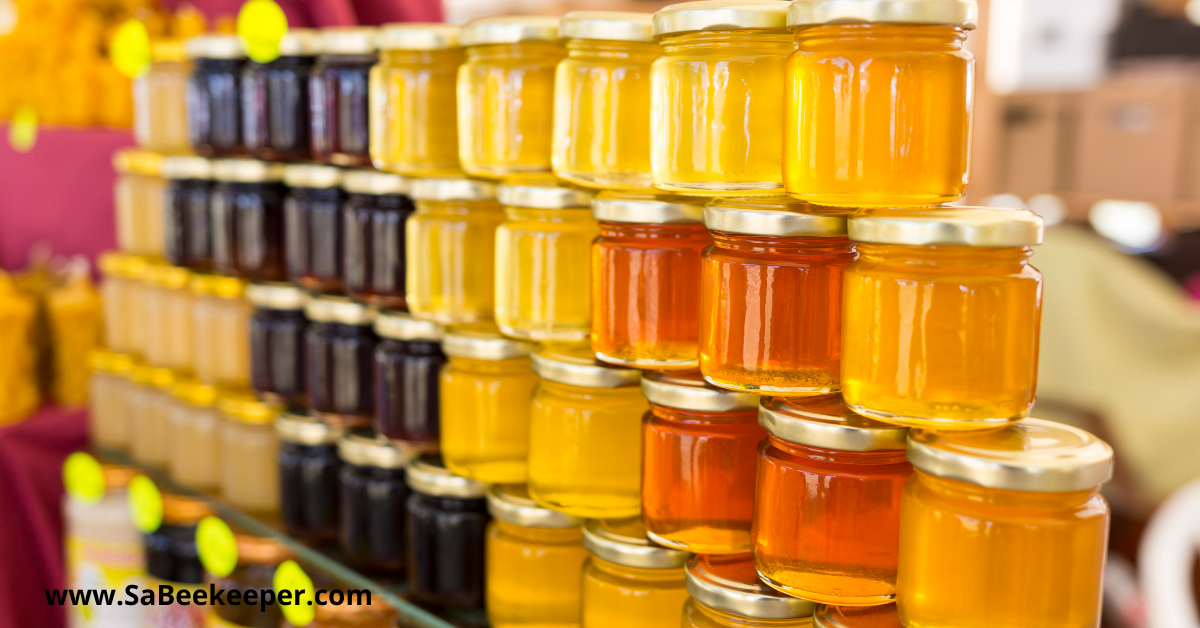 different colors of honey in honey jars. from light to dark honey.
