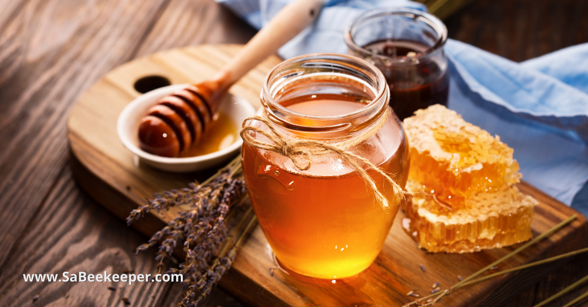 organic honey in a jar and a piece of honey comb